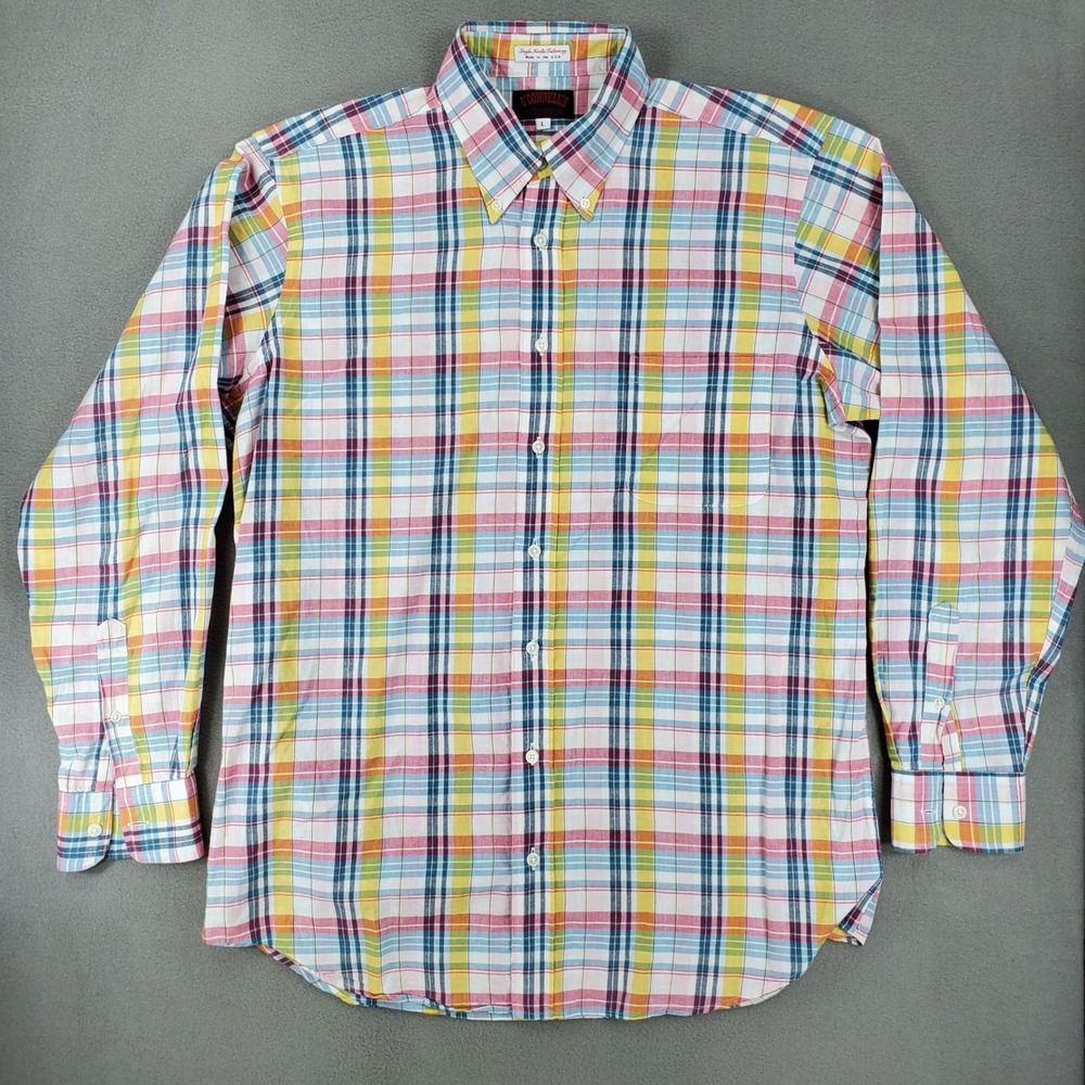 O'Connell's Button-Down Shirt Men L Multicolor Plaid USA Made Cotton Madras